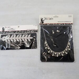 His & Her Sparkle Rhinestones Necklace, Earring, Hair Comb Wedding Jewlery Lot